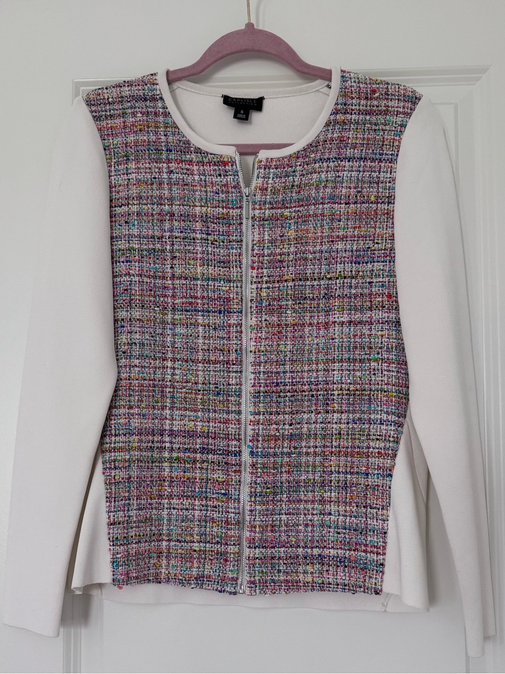 Carlisle White Sleeve Multicolor Tweed Zip Front Jacket and skirt set